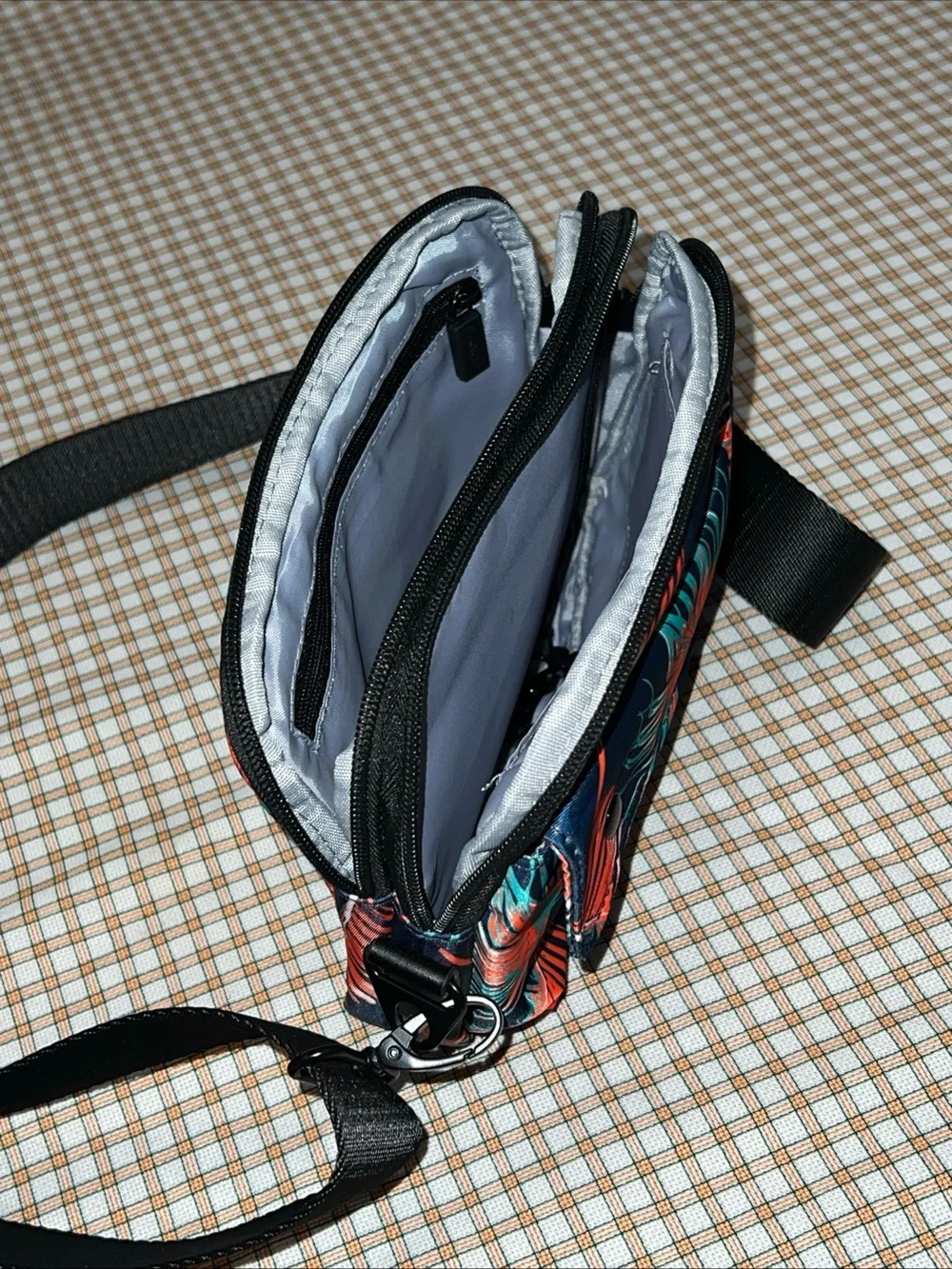 HKWP Navy Crossbody Bag with Coral & Teal Tropical Print